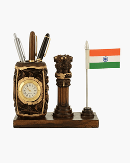 Wooden Ashok Stambh table utility set holding pens, featuring an integrated clock and Indian Tricolor Flag.