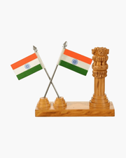 Handcrafted wooden Ashok Stambha desk decor with dual crossed Indian national flags on a white background