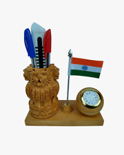 Wooden Ashoka Lion Capital pen stand with clock and Indian flag desk organizer