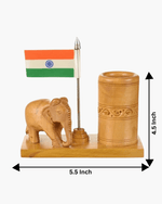 Wooden elephant pen holder with Indian flag showing dimensions 5.5 inch width and 4.5 inch height