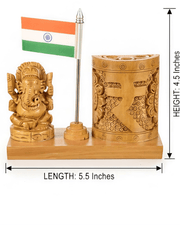 Product dimensions showing 5.5 inches length and 4.5 inches height for wooden Ganesha pen stand with Indian flag.