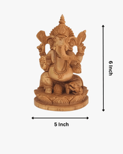 Wooden Lord Ganesha statue with dimensions 6 inch height and 5 inch width, perfect for home temple and gifting