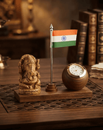Handcrafted wooden Ganesha desk accessory with Indian flag on decorative carved table