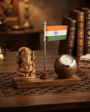 Handcrafted wooden Ganesha desk accessory with Indian flag on decorative carved table