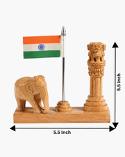 Handcrafted wooden Indian national flag stand with Ashok Stambh emblem and elephant sculpture showing 5.5 inch dimensions on a clean white background.