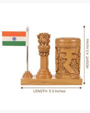 Wooden Indian Flag pen stand dimension chart showing 5.5 inches length and 4.5 inches height