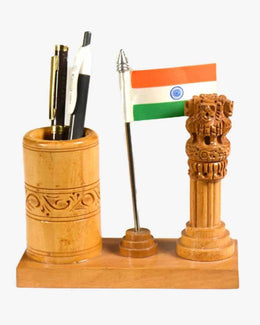 Wooden desk pen stand featuring the Lion Capital of Ashoka and a mini Flag of India with pen holder for office desk organization.