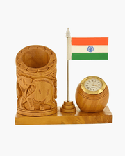 Front view of handcrafted wooden pen holder with Indian tricolor flag and analog clock