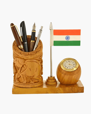 Handcrafted wooden elephant carved pen stand with Indian flag and desk clock filled with pens