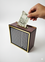 Angled view of wooden ₹1 lakh savings challenge money bank