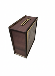 Angled view of wooden ₹1 lakh savings challenge money bank